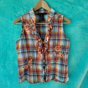 Grass collection orange plaid ruffled button up sleeveless top size medium